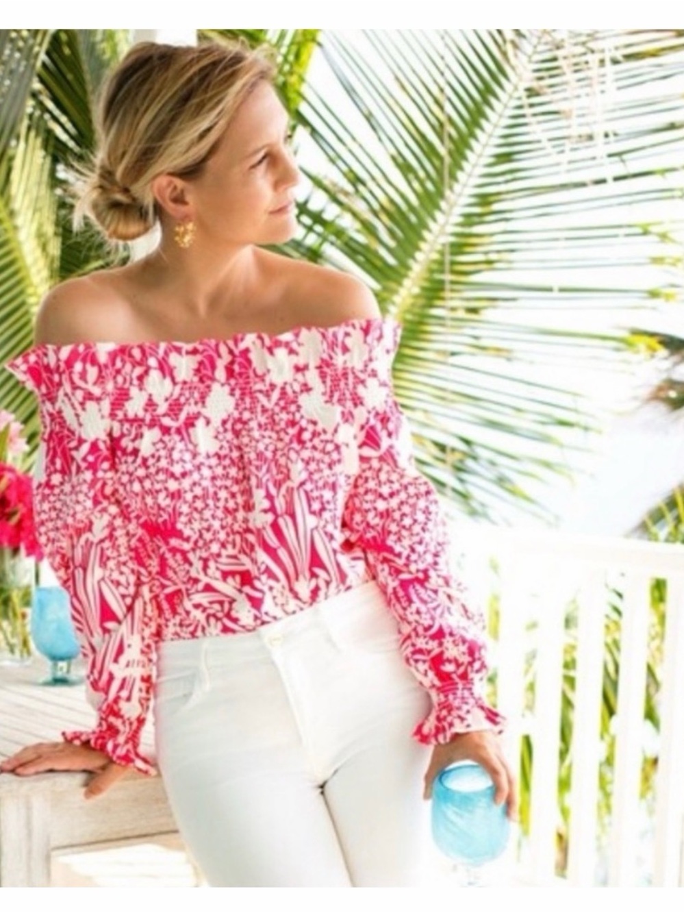 Tuckernuck Pink White Floral Off-Shoulder Blouse